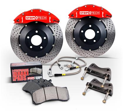 Stoptech Front BBK w/ Black ST-40 Calipers Slotted 332x32mm Rotors Pads and SS Lines - Evo 8/9
